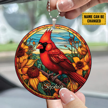 Teesdily | Personalized Cardinal Ceramic Ornament Car Hanging, Christmas Ornament Stained Glass Red Bird Acrylic Ornament, Xmas Gift Family Member