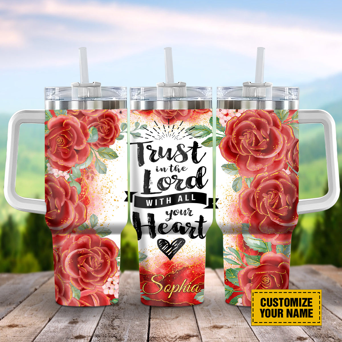 Teesdily | Customized Jesus Red Rose 40 oz Tumbler With Handle, Trust In The Lord With All Your Heart Tumbler Cups, Religious Gifts For Women Faith