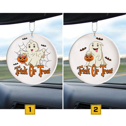 Teesdily | Cute Ghost Halloween Car Ornament, Trick Or Treat Ceramic Car Hanging Ornament, Halloween Ornament Decor, Happy Halloween Gift