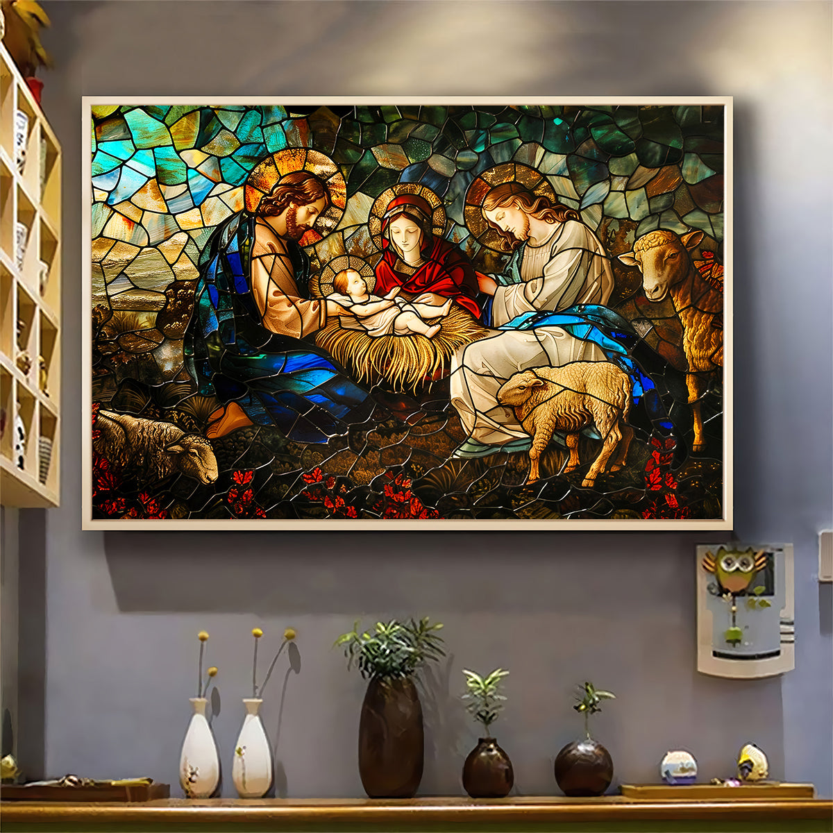 Teesdily | Jesus Nativity Christian Art Poster, Christmas Nativity Jesus Stained Glass Printed Poster, Catholic Art Canvas Wall Decor, God Lover Gift