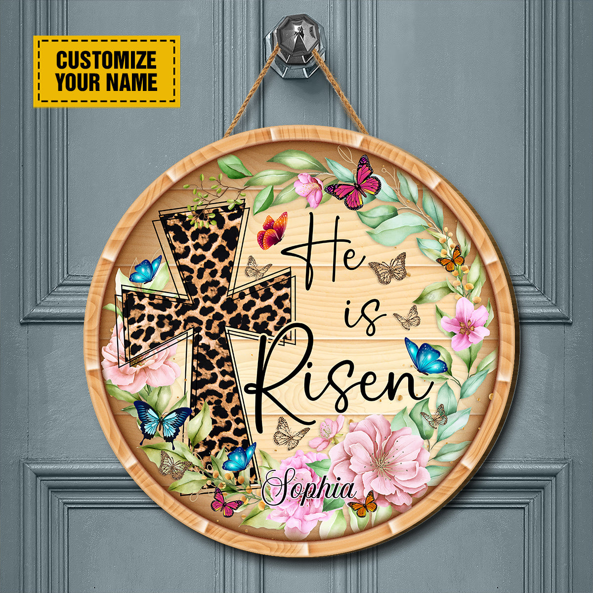 Teesdily | Jesus Leopard Cross Customized Wood Sign Butterfly Floral He Is Risen Door Sign Easter Day Home Decor Ideas Easter Gifts