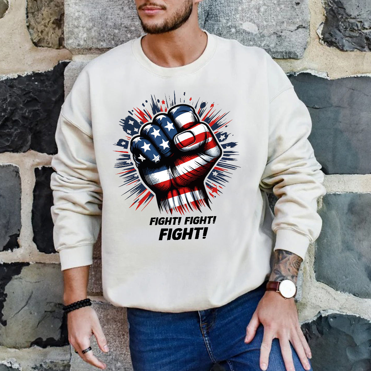 Teesdily | American Fight Unisex Shirt, Hand Fist American Flag Sweatshirt Hoodie Mug, American Pride Crewneck Shirt, Patriotic Gifts