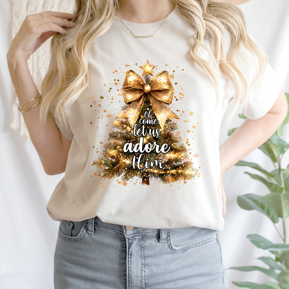 Teesdily | Oh Come Let Us Adore Him Shirt, Nativity Scene Christmas Sweatshirt Hoodie Mug, Jesus Nativity Shirt, Religious Gift