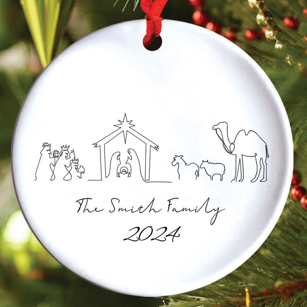 Teesdily | Customized Jesus Nativity Drawing Ceramic Ornament, Continous Line Drawing Jesus Holy Night Christmas Ornament Gift