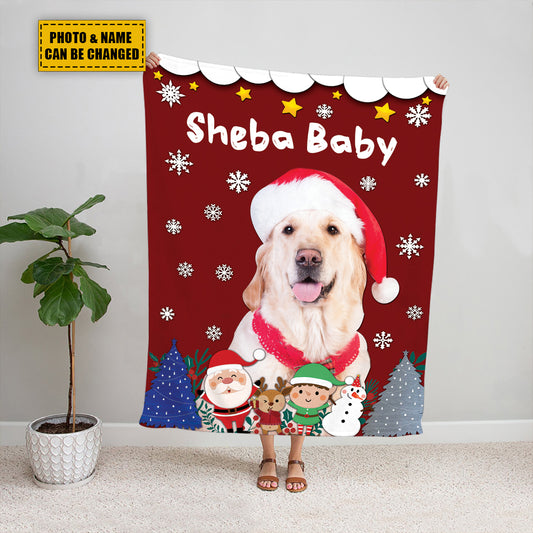 Teesdily | Dog Christmas Fleece Blanket Customized Photo Christmas Dog Sherpa Fleece Blanket Santa Clause Dog Cat Pet Owners Christmas Keepsake Gifts