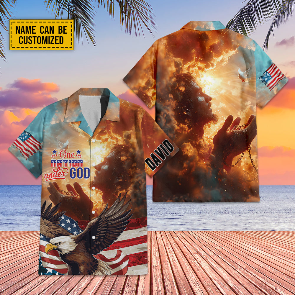 Teesdily | Custom Jesus Hawaiian Shirt, One Nation Under God Aloha Hawaiian Set, American Flag Summer Hawaii Shirt, Independence Day Gift For Men