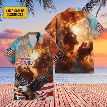 Teesdily | Custom Jesus Hawaiian Shirt, One Nation Under God Aloha Hawaiian Set, American Flag Summer Hawaii Shirt, Independence Day Gift For Men