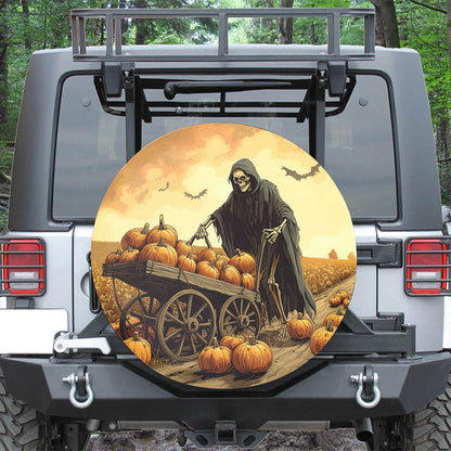 Teesdily | Halloween Skeleton Pumpkin Car Spare Tire Cover, Grim Reaper Halloween Pumpkin Field Wheel Cover, Car Decor, Halloween Gifts