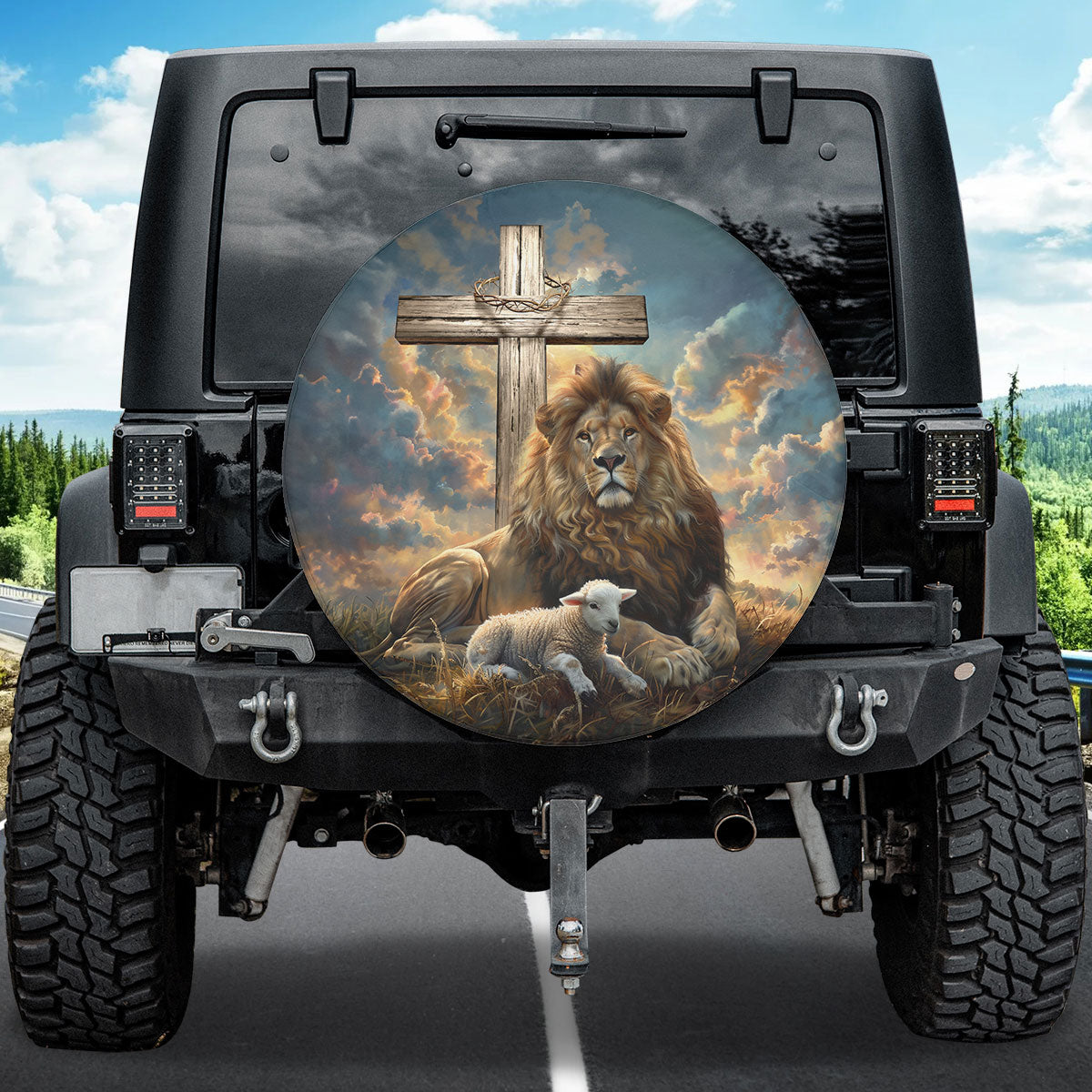 Teesdily | Lion And Lamb Spare Tire Cover, Lion Of Judah Lamb Of God Tire Wheel Cover, Christian Car Accessories, Jesus Christ Durable Tire Protector