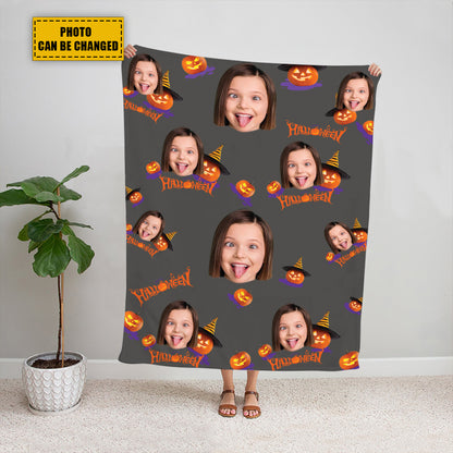 Teesdily | Halloween Pumpkin Personalized Fleece Blanket With Face Funny Halloween Custom Photo Fleece Throw Blanket Halloween Gift For Kids