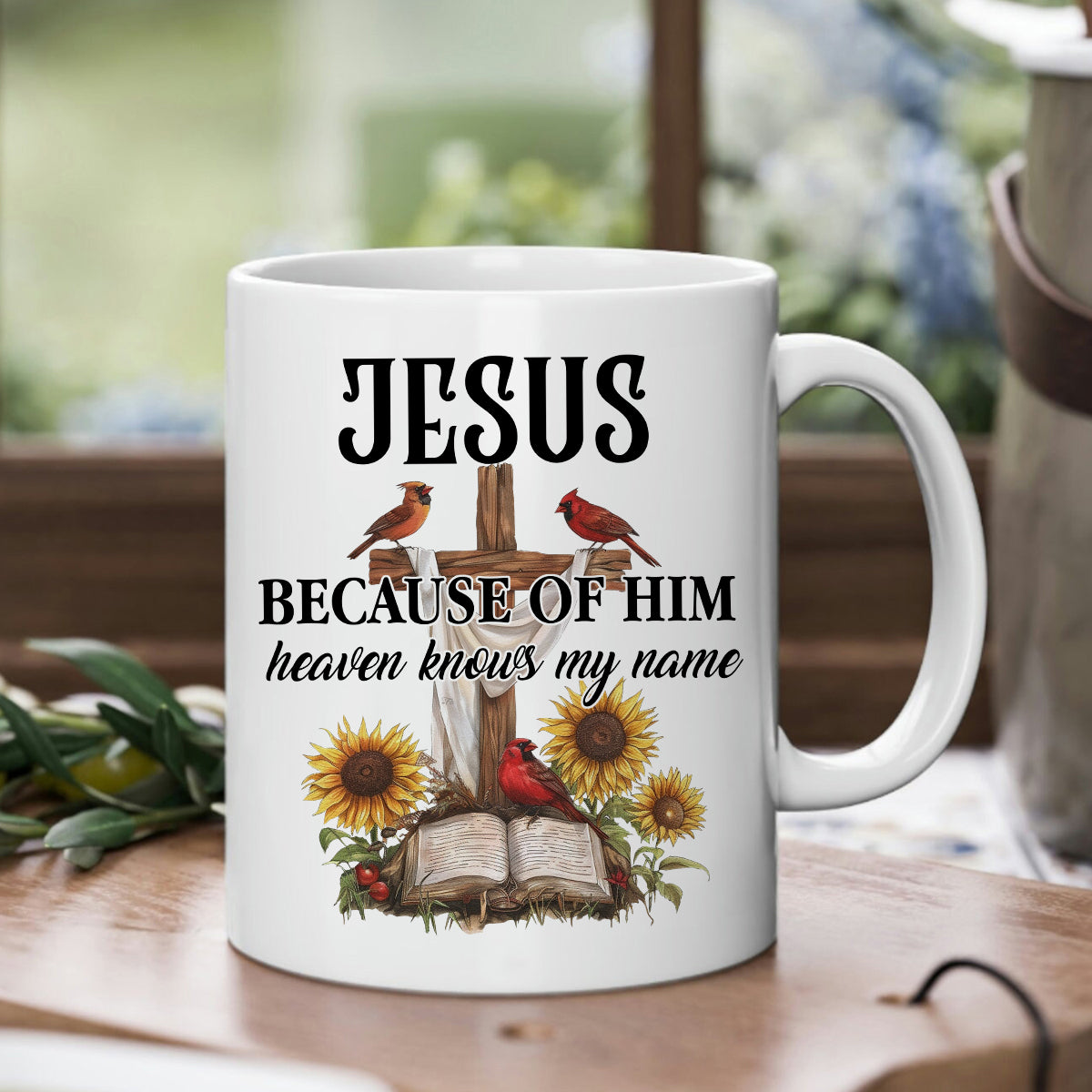 Teesdily | Jesus Christ Cardinal Shirt, Because Of Him Heavens Knows My Name Shirt, Christian Gift, God Believers Unisex Tshirt Hoodie Sweatshirt Mug