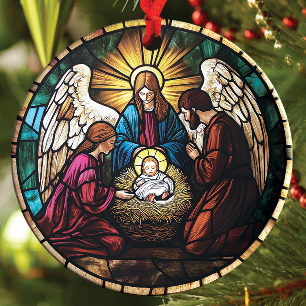 Teesdily | Jesus Christ Mary Christmas Ornament, Holy Family Stained Glass Printed Ornament, Nativity Religious Art Christmas Gift