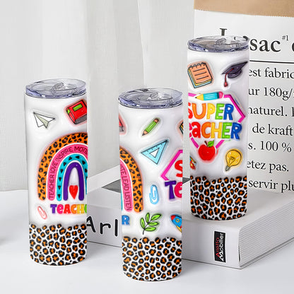 Teesdily | Super Teacher 3D Inflated Skinny Tumbler, Teacher Rainbow Leopard Insulated Tumbler 20oz, Teacher Back To School Day Gift From Student