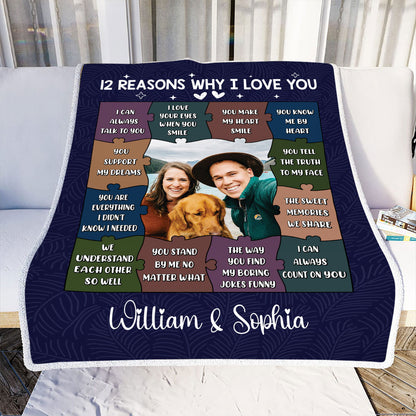 Teesdily | Couple Customize Blankets With Photos 12 Reasons Why I Love You Fleece Blanket Love Puzzles Warm Fleece Lover Valentine Anniversary Gifts