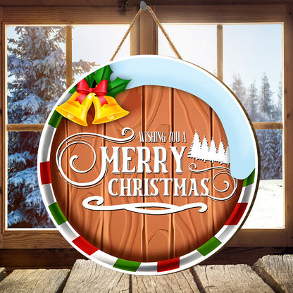 Teesdily | Christmas Round Hanging Sign, Wishing You A Merry Christmas Wooden Sign, Seasonal Front Porch Door Decor, Christmas Wood Door Hanger