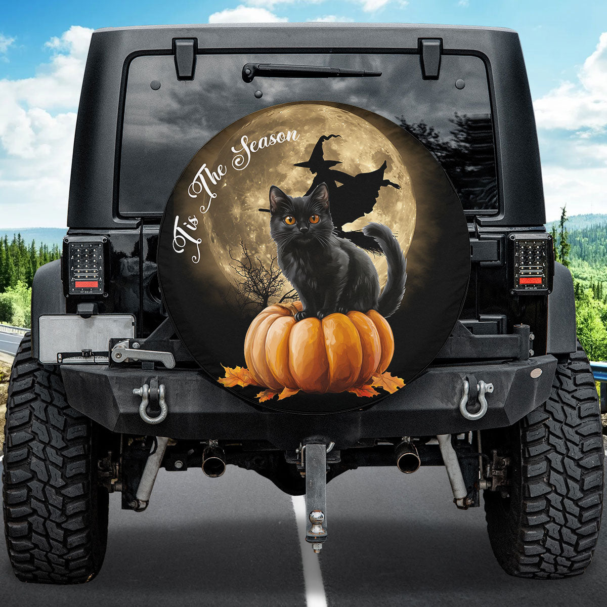 Teesdily | Black Cat Pumpkin Witch Car Spare Tire Cover, Halloween Moon Tis The Season Car Wheel Cover, Cat Lover, Car Decoration Halloween Gift