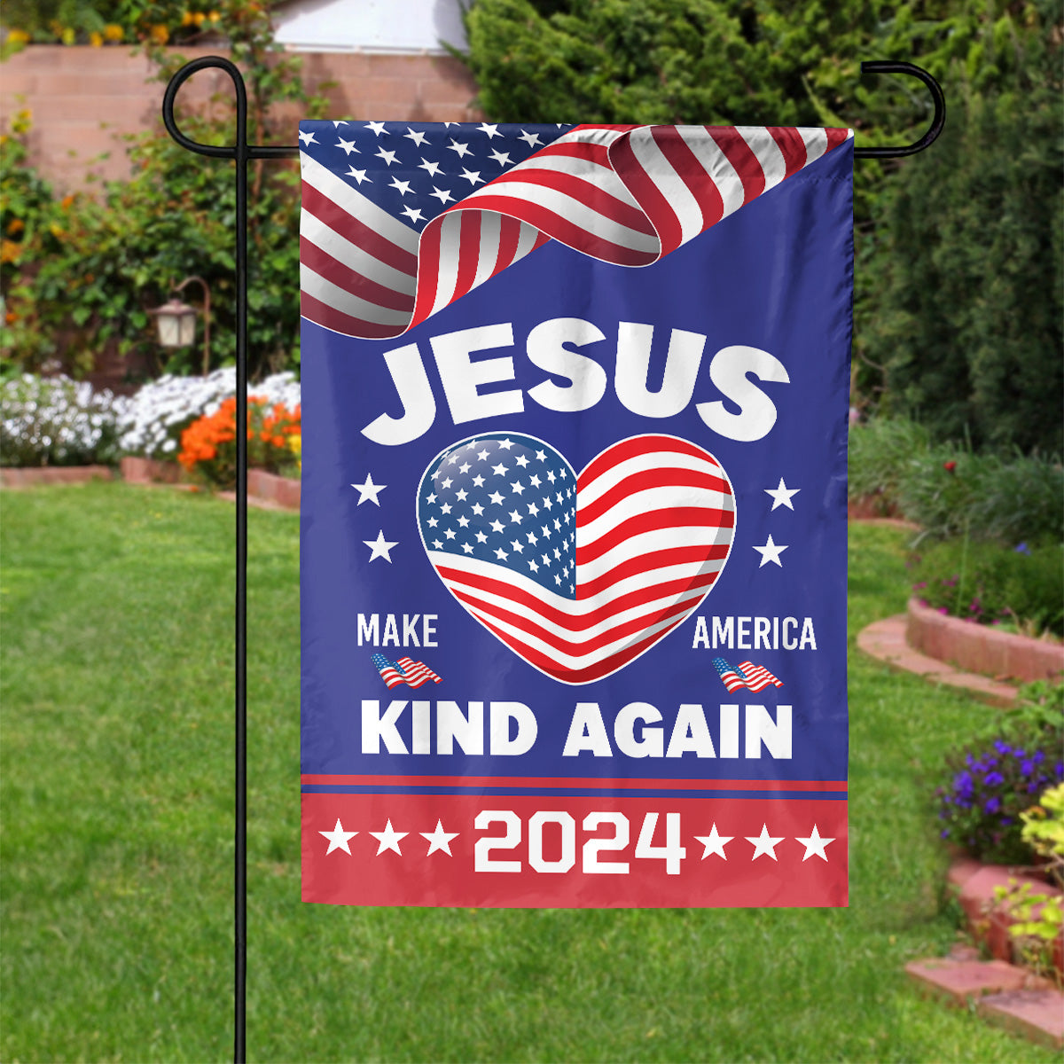 Teesdily | Jesus Make America Kind Again 2024 Garden Flag, Christian House Flag Yard Banner Outdoor Flag, Patriot Decor Home, Christ Religious Gift