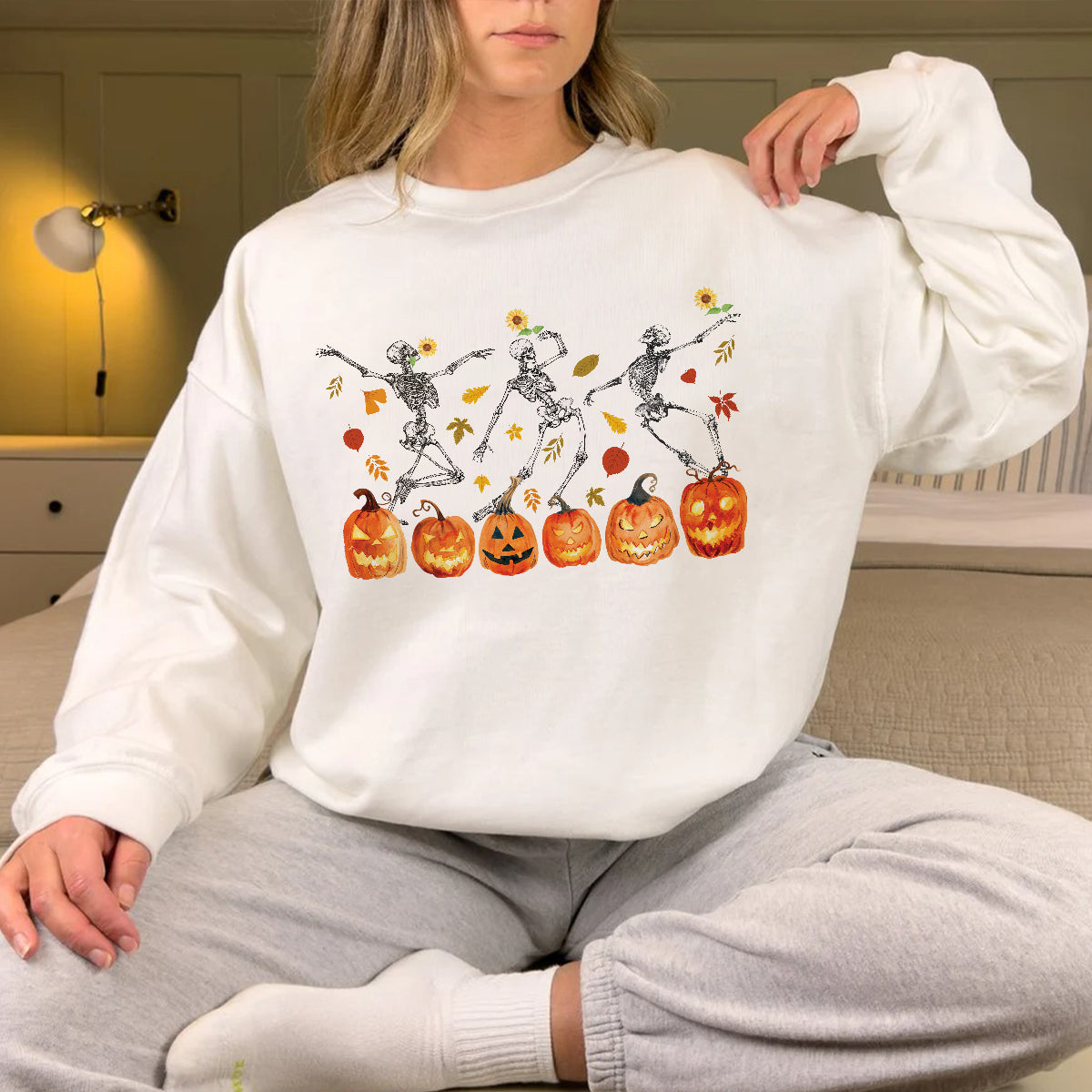 Teesdily | Halloween Dancing Skeleton Shirt, Skeleton Dancing Pumpkin Sweatshirt Hoodie Mug, Spooky Season Tee, Holiday Party Shirt, Halloween Gift