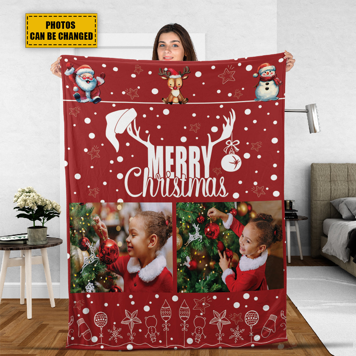 Teesdily | Nursery Personalized Sherpa Blanket With Photo Woodland Animal Baby Blanket Merry Christmas Fleece Blanket Christmas Xmas Gift For Kids