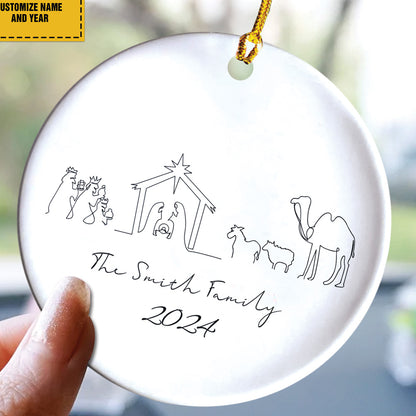 Teesdily | Customized Jesus Nativity Drawing Ceramic Ornament, Continous Line Drawing Jesus Holy Night Christmas Ornament Gift