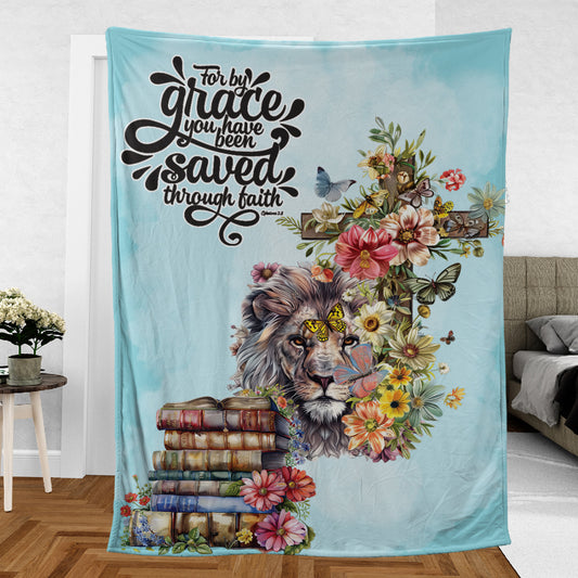 Teesdily | Jesus Lion Cross Flowers Book Blanket, Christ Floral By Grace You Have Been Saved Through Faith Blanket, Religious Gift