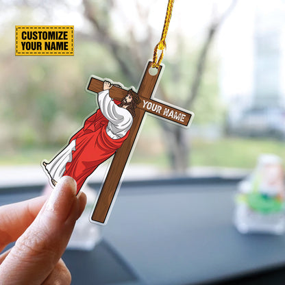 Teesdily | Customized Jesus Holding Cross Acrylic Ornament, Jesus Christ Rear View Mirror Hanging, Christian Car Accessories, God Believer Gifts