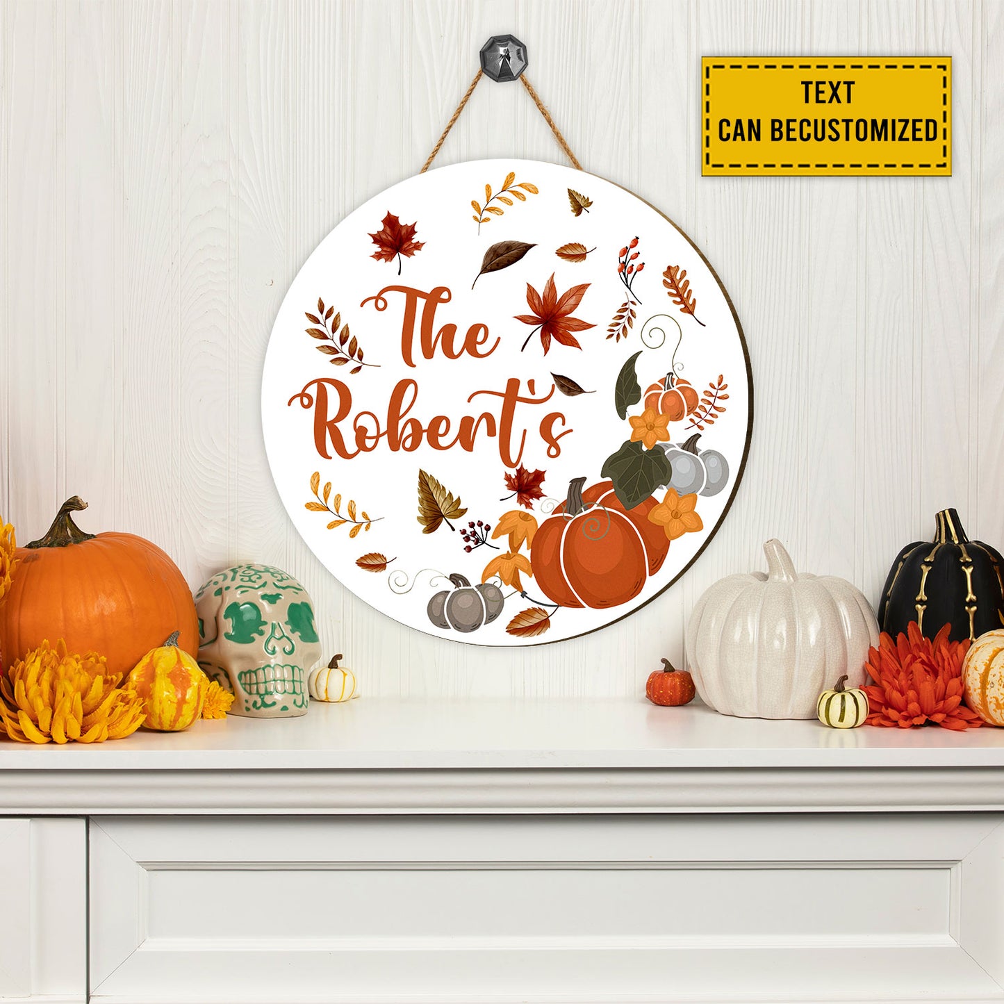 Teesdily | Happy Thanksgiving Personalized Sign Pumpkin Autumn Vibes Door Decoration Harvest Fall Season Door Sign Thanksgiving Gift Farmhouse Sign