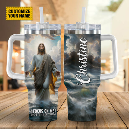 Teesdily | Customized Jesus Beach Portrait Art Insulated Tumbler, Focus On Me Not The Storm Tumbler With Straw, Christian Gift For Jesus Lovers