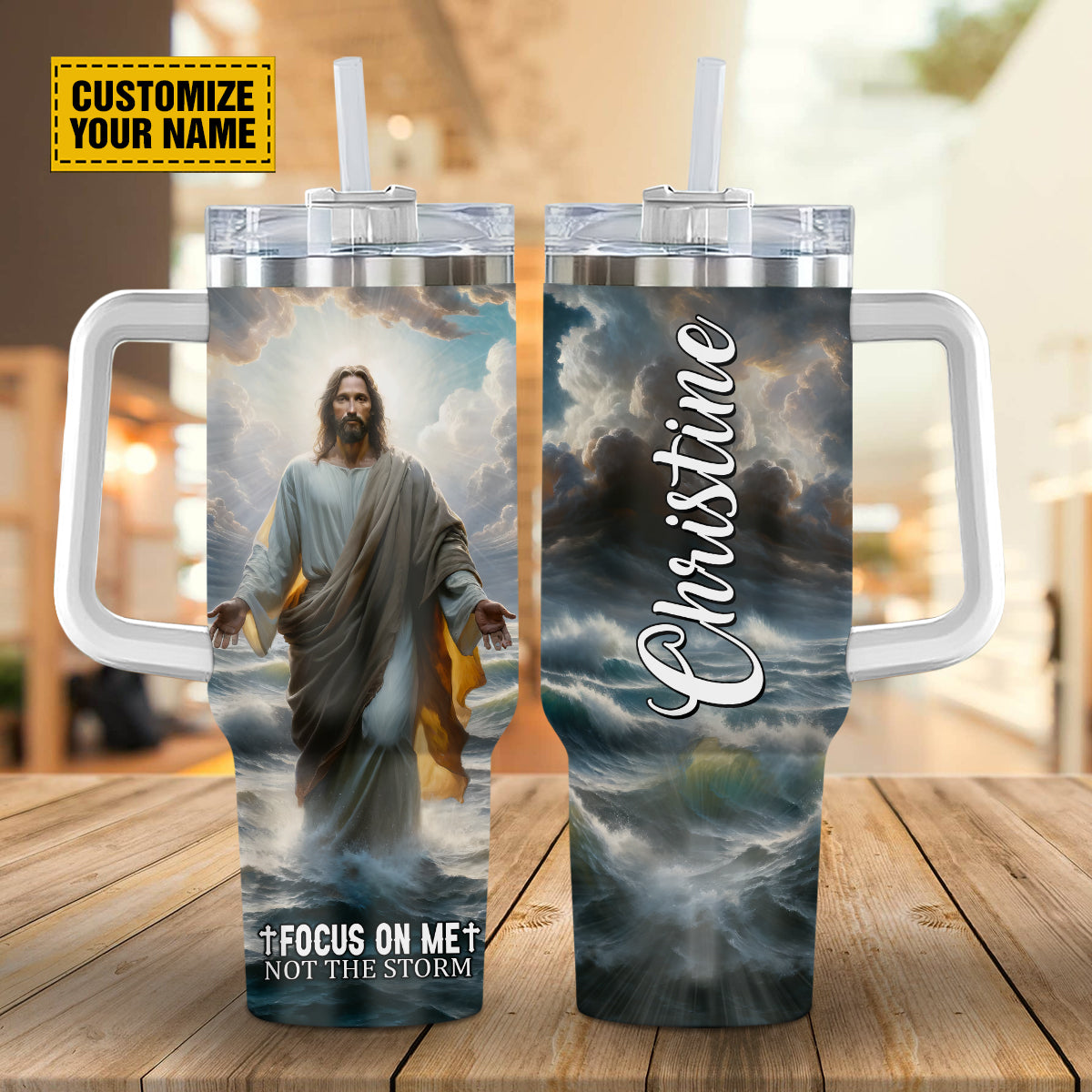 Teesdily | Customized Jesus Beach Portrait Art Insulated Tumbler, Focus On Me Not The Storm Tumbler With Straw, Christian Gift For Jesus Lovers