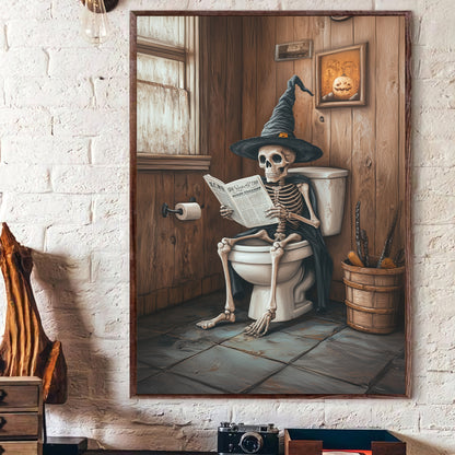 Teesdily | Skeleton On Toilet Art Poster, Halloween Skeleton In Bathroom Canvas, Gothic Skeleton Decor Wall, Funny Skeleton Poster