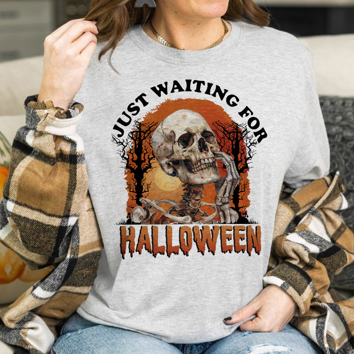 Teesdily | Halloween Cool Skeleton Shirt, Skeleton Just Waiting For Halloween Shirt, Funny Skeleton Sweatshirt Hoodie Mug, Horror Halloween Gifts