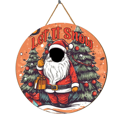 Teesdily | Customized Photo Santa Claus Cosplay Round Wood Sign Christmas Forest Wood Sign Home Decoration Christmas Humor Gifts For Family And Friend