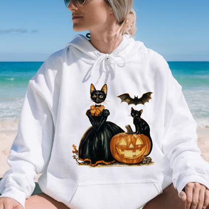 Teesdily | Cat Witch Halloween Shirt, Retro Halloween Pumpkin Sweatshirt, Black Cat Spooky Season Hoodie Mug, Cat Lover Gift