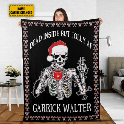 Teesdily | Personalized Christmas Skeleton Funny Blanket Dead Inside But Jolly Af Xmas Theme Bed Sofa Blanket Gothic Style Christmas Gifts