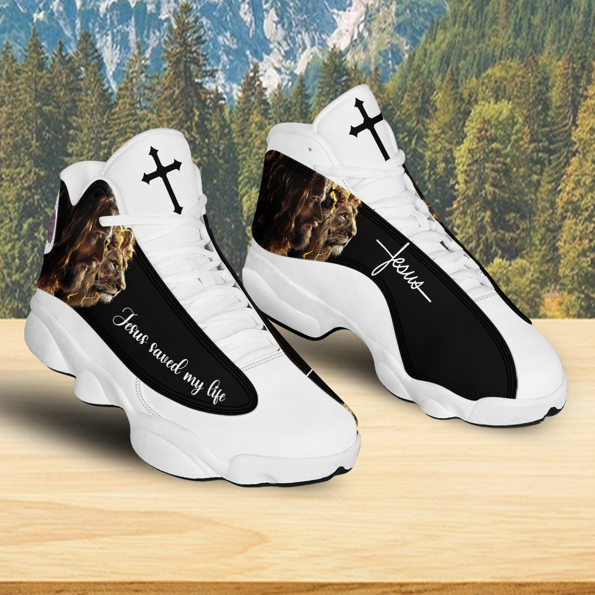 Teesdily | Jesus Lion Of Judah Basketball Shoes, Jesus Saved My Life Jesus Basketball Shoes, Christian Footwear Unisex Basketball Shoes