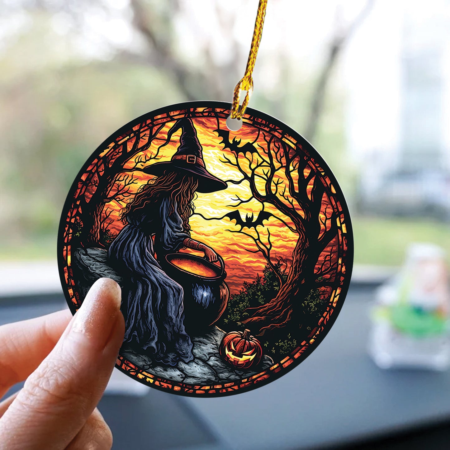 Teesdily | Halloween Witch Ornament Car Hanging, Pumpkin Pot Of Poison Car Rear View Mirror Accessories, Happy Halloween Gift, Halloween Home Decor