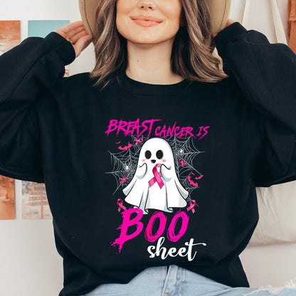 Teesdily | Pink Ribbon Breast Cancer Is Boo Sheet Shirt, Cute Halloween Ghost Boo Sweatshirt, Cancer Survivor Hoodie Mug