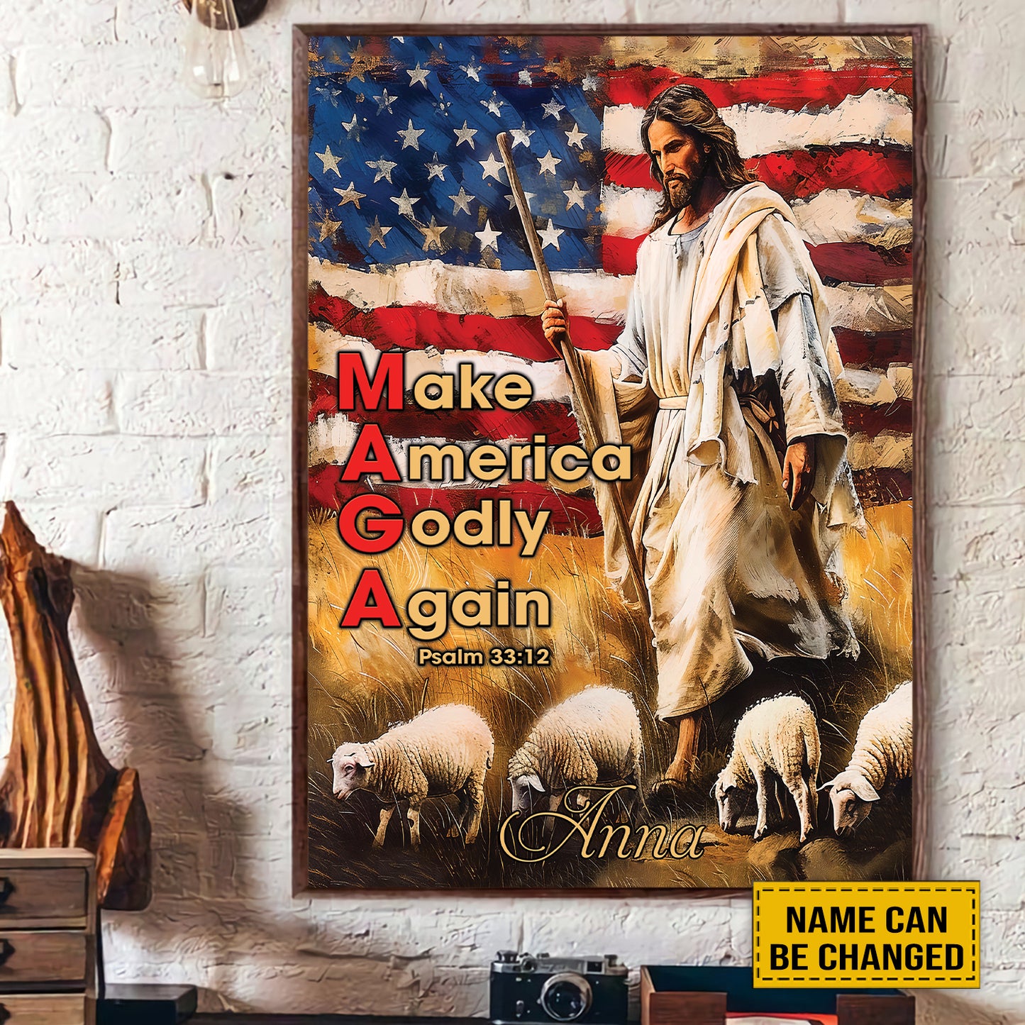 Teesdily | Customized Jesus And Lamb Poster, Make America Godly Again American Flag Poster, Gift For Jesus Lovers, Religious Poster Canvas