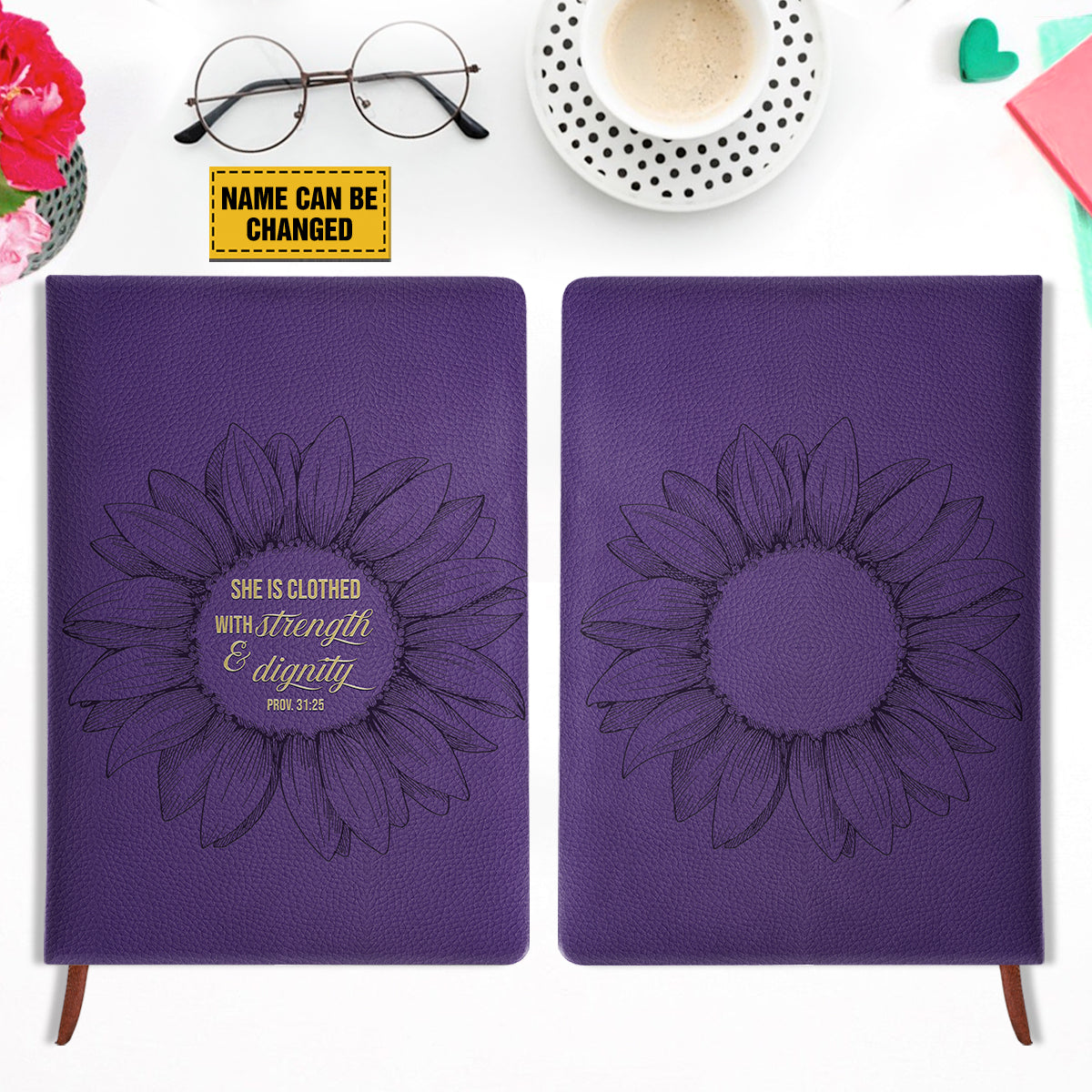 Teesdily | Customized God Sunflower Bible Notebook, She Is Clothed With Strength And Dignity, Journal For Women, Christian Leather Journal