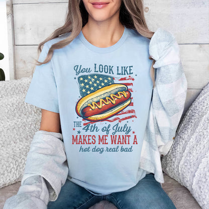 Teesdily | American Hotdog Retro Shirt, You Look Like The 4Th Of July Hoodie Sweatshirt, Independence Day Gifts Mug Tee