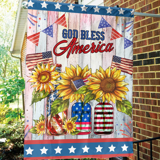 Teesdily | Sunflower American Flag Garden, God Bless America Flag Home, Jesus Sunflower Banner Decor House Flag, Happy Independence Day Gifts