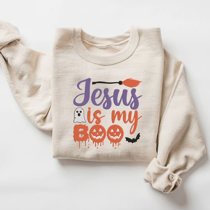 Teesdily | Jesus Is My Boo Embroidered Shirt, Christian Halloween Boo Spooky Ghost Bat Witch Embroidery Sweatshirt, Christian Fall Faith Shirt Gift