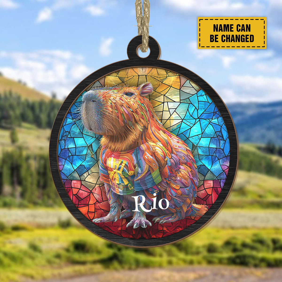 Teesdily | Customized Capybara Suncatcher, Capybara Stained Glass Suncatcher Christmas Decor Hanging, Capybara Lovers Gift, Chrismas Home Decor, Xmas Gifts