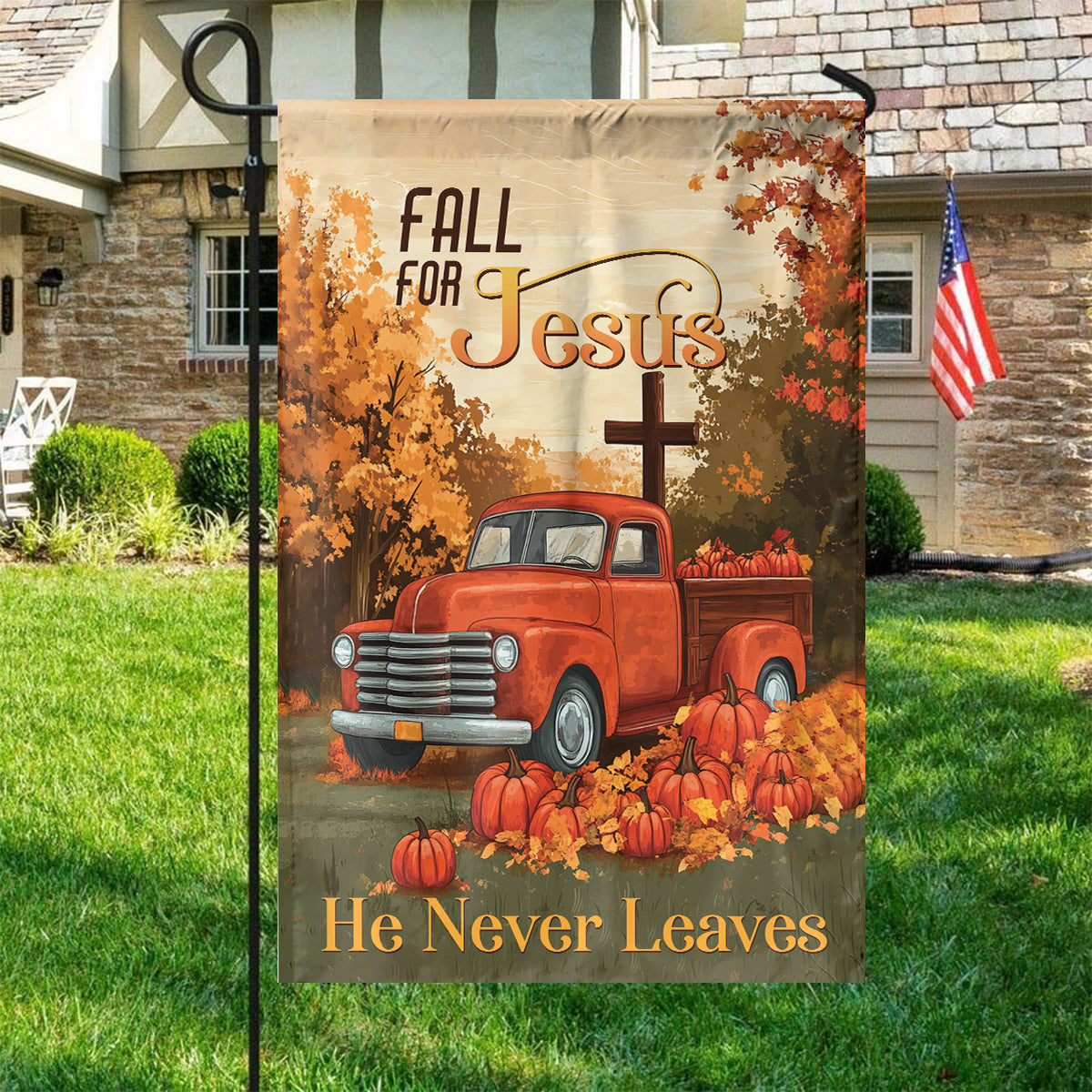 Teesdily | Thanksgiving Pumpkin Jesus Cross House Flag, Fall For Jesus He Never Leaves Garden Flag, Jesus Lover Gift, Jesus Outdoor Yard Decor