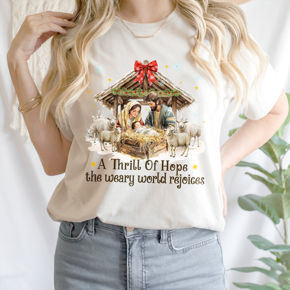 Teesdily | Nativity Scene Christmas Coquette Jesus Shirt, A Thrill Of Hope Sweatshirt, Christmas Nativity Hoodie Mug Religious Gift