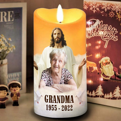 Teesdily | Customized Safe In The Arms Of Jesus LED Candle, Christmas Memorial LED Candle No Battery, Christ Cross Religious Gift