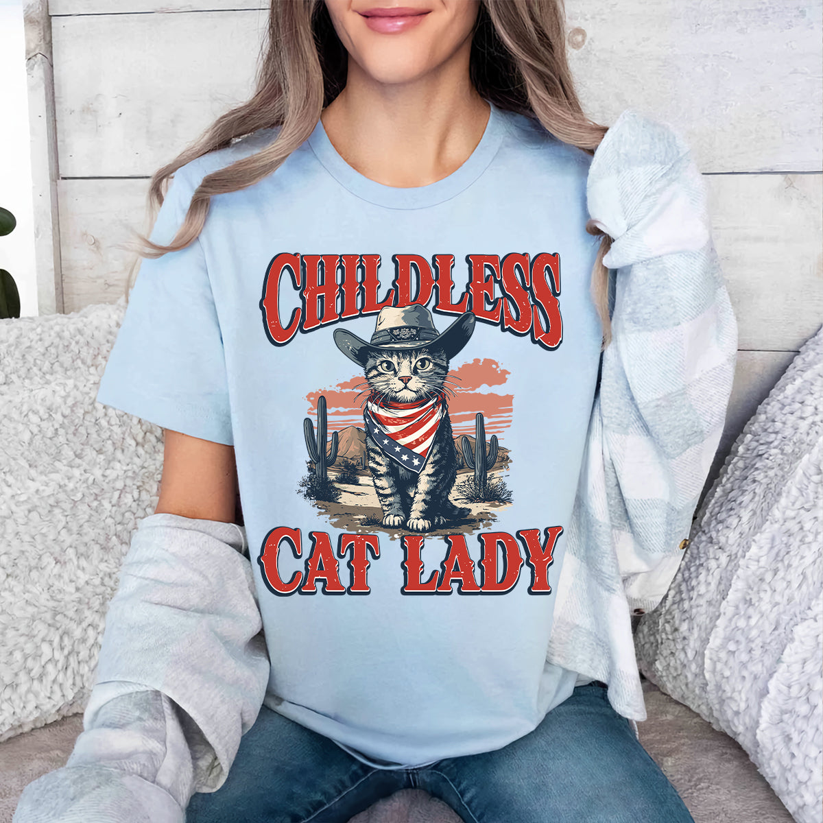 Teesdily | Childless Cat Lady Shirt, Childless Cat Lady For Comma La Sweatshirt Hoodie Mug, Vintage Cat Cowboy T-shirt, Kama-laa Tee, Patriot Gift