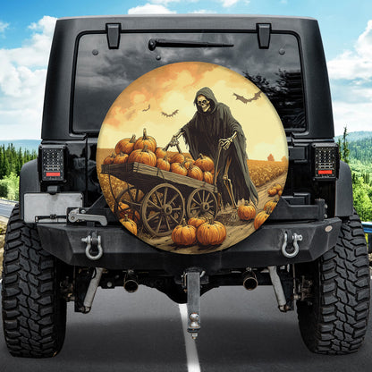 Teesdily | Halloween Skeleton Pumpkin Car Spare Tire Cover, Grim Reaper Halloween Pumpkin Field Wheel Cover, Car Decor, Halloween Gifts