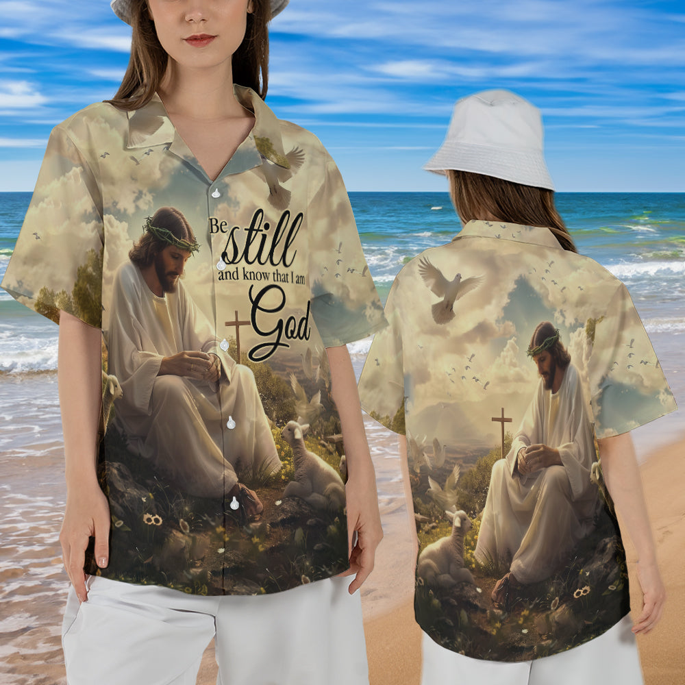 Teesdily | Jesus And Lamb Of God Hawaiian Shirt, Be Still & Know That I Am God Hawaii Shirt, Christian Cross Aloha Hawaii Set, Button Shirt, Dad Gift