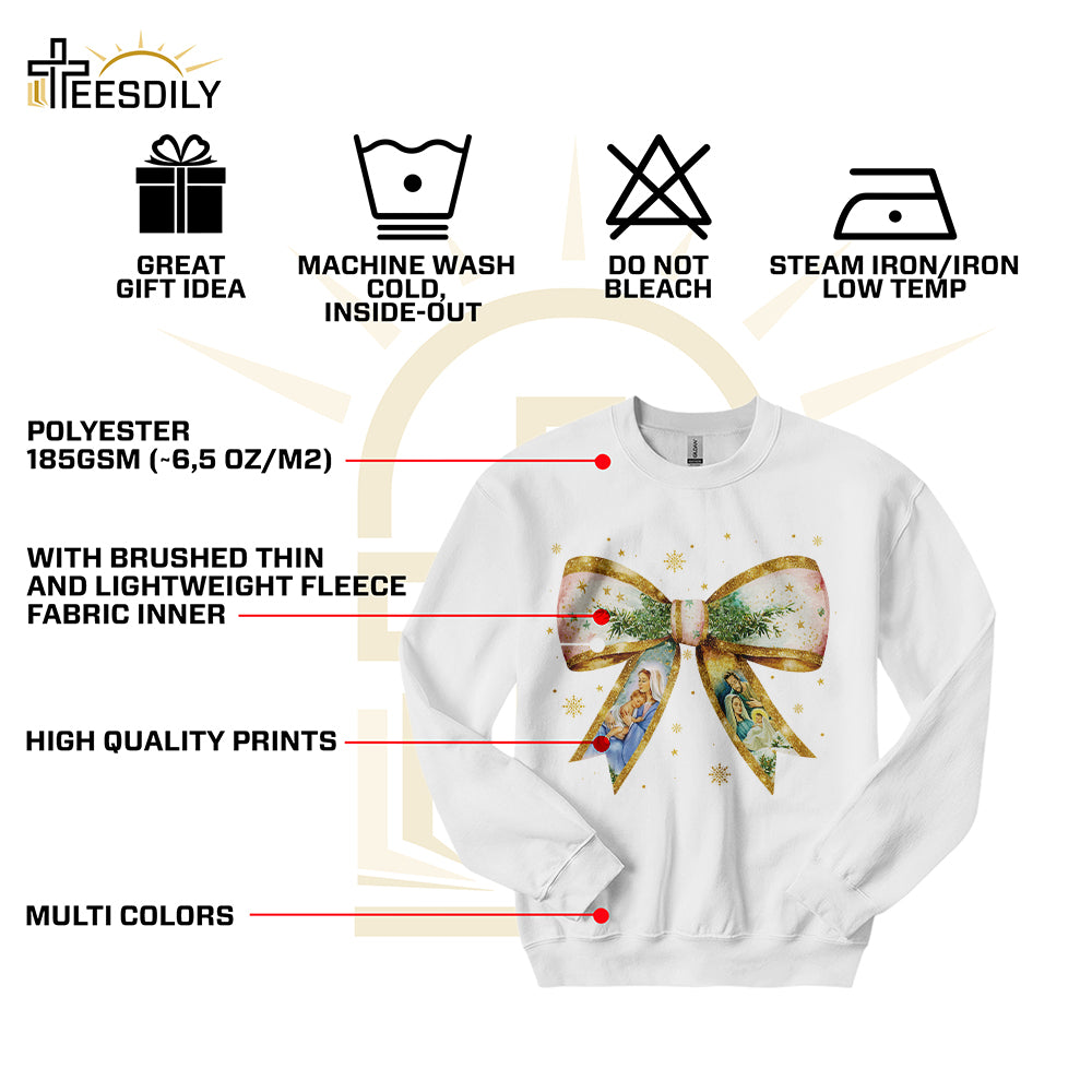 Teesdily | Jesus Christmas Coquette Bow Shirt, Christian Christmas Nativity Scene Sweatshirt, Bow Glitter Holy Family Hoodie Mug